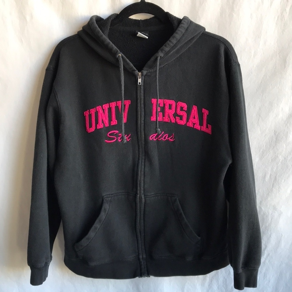 Universal Studios black hoodie with pink logo, size L